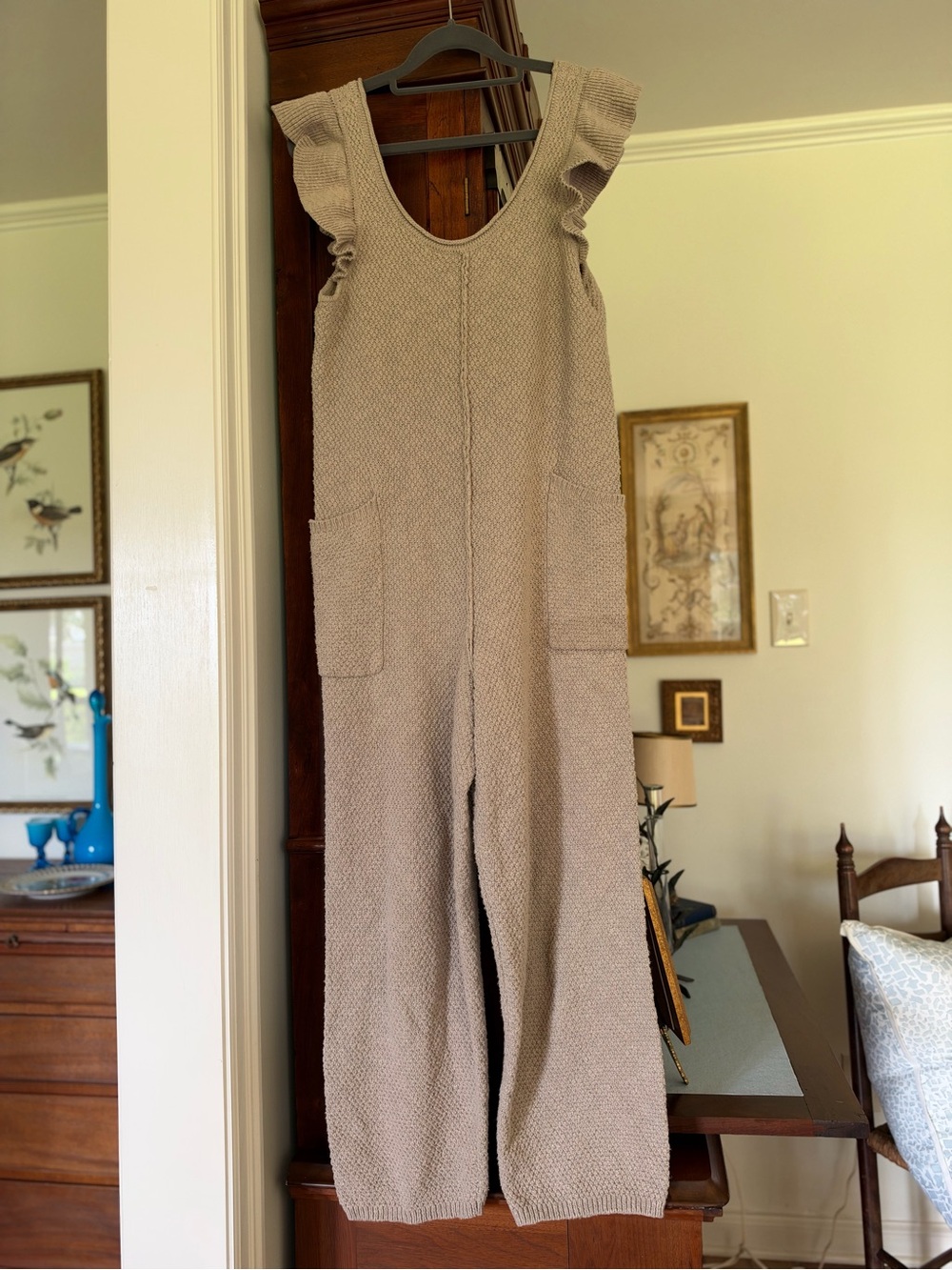 Mable Knit Ruffle-Sleeve Jumpsuit in Taupe small
